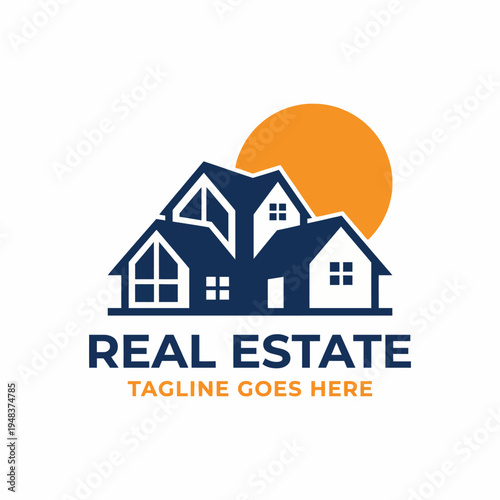 The logo design represents homes with a sun behind, envisioning warmth and community, ideal for real estate marketing, branding, and business identity.