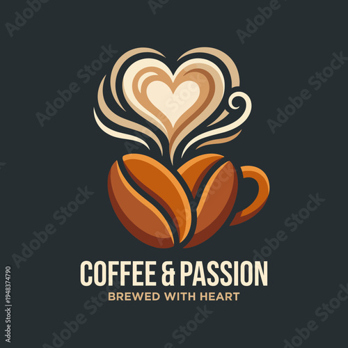 This vibrant logo shows a coffee cup and beans intertwined with a heart, symbolizing warmth, passion, and love for coffee as an essential daily pleasure.