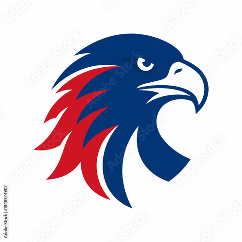 The fierce eagle head logo features a striking design combining red and blue tones, conveying power and resilience, making it perfect for sports teams or patriotic brands.