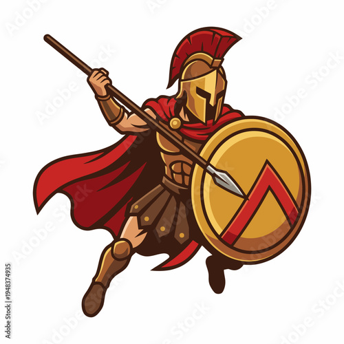 This bold illustration depicts a formidable warrior holding a shield and spear, encapsulating themes of strength and courage in an engaging and visually arresting manner.