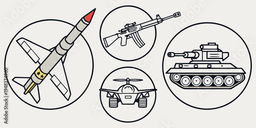 military vehicles and weapons icons Vector