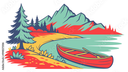 a red canoe sitting on a riverbank near a pine tree Vector