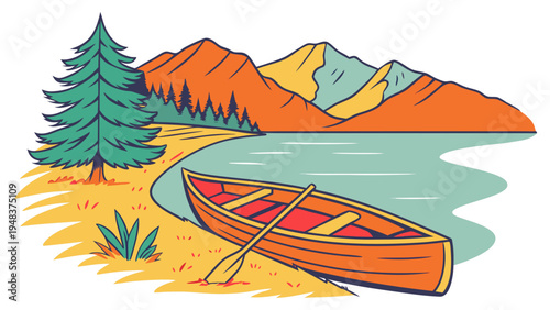 a canoe sitting on the shore of a lake Vector