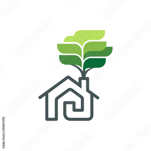 This image features a stylized house with leaves emerging from the chimney, emphasizing a sustainable and eco-friendly design that nurtures nature and well-being.