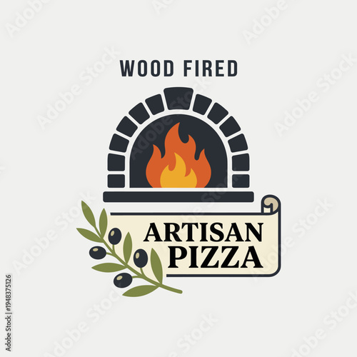 A vibrant logo showcasing a wood-fired pizza oven with flames, featuring an olive branch, representing the art and passion of artisan pizza making in a rustic style.
