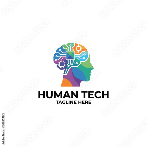 An imaginative logo representing Human Tech with a vibrant profile silhouette of a human head integrated with colorful circuitry, symbolizing the fusion of humanity and technology.