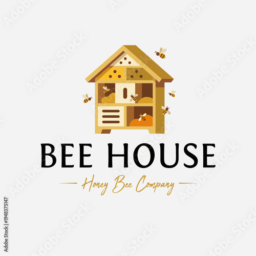 A charming logo displaying a bee house with bees buzzing around, representing the essence of the Honey Bee Company and the natural beauty of beekeeping and honey production.