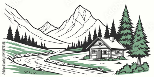 a small house in a mountainous landscape with trees Vector