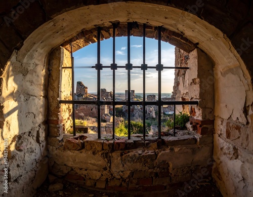 Arched window with iron bars overlooking old, crumbling stone ruins under a blue sky, seen from inside the structure