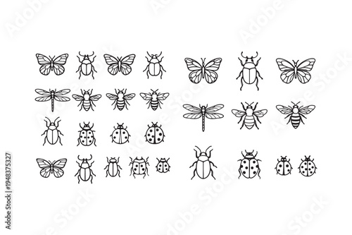 insects icons set with butterflies beetles ladybugs