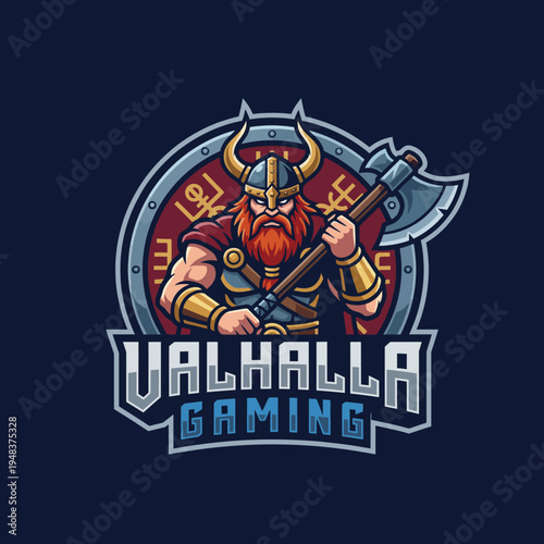 A powerful Viking warrior depicted with an axe, adorned in armor, representing strength and bravery, ideal for a gaming logo or brand named 'Valhalla Gaming'.