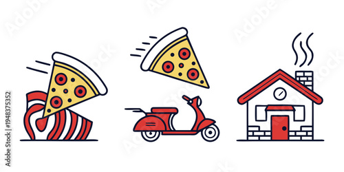 a red scooter with pizza slices and a house in the background Vector