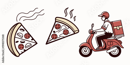 Delivery person riding scooter with hot pizza slices Vector