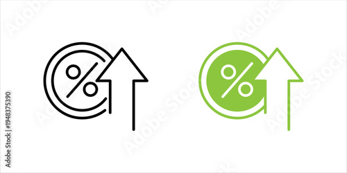 Outline icon set.. of percentage symbol inside coin with upward arrow, representing discount rate changes, price increase, financial adjustment, and market pricing concepts.