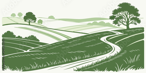 a green landscape with a winding road and trees Vector