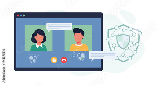 A video call interface on a screen shows two people and a security shield.