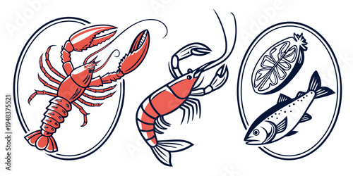 a logo featuring a lobster shrimp and fish Vector
