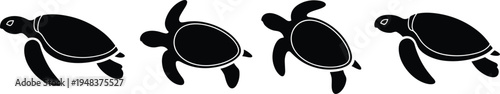 Sea turtle swimming silhouettes set featuring various poses of marine reptiles for ocean conservation themes and aquatic nature designs. (20 words)