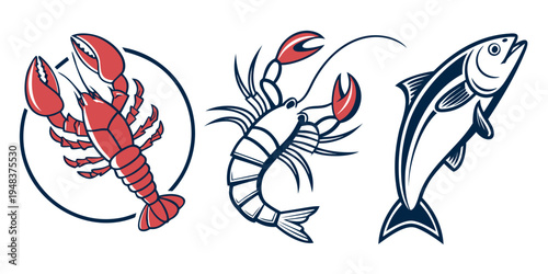 a lobster a prawn and a fish Vector