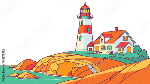 a colorful cartoon lighthouse on a rocky coastline Vector
