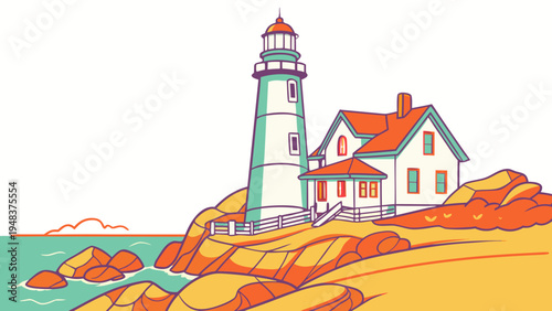 a lighthouse on a rocky cliff by the sea Vector