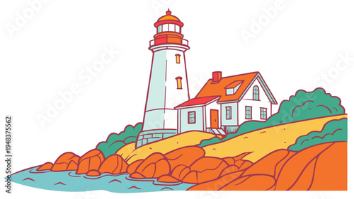 a lighthouse on a rocky coastline with a house next to it Vector