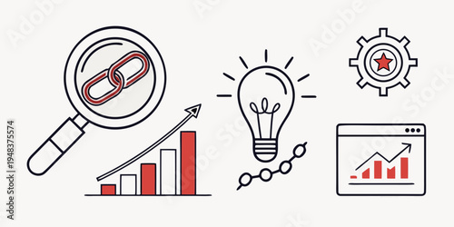a set of business and finance icons with a magnifying glass and light bulb Vector
