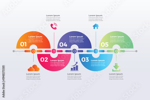 A colorful infographic template with five semicircle sections for presenting business information