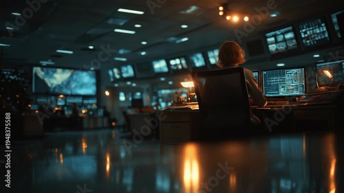 Military radar control room with an officer monitoring multiple screens and digital maps. High technology command center atmosphere with glowing displays representing surveillance, defense systems, an