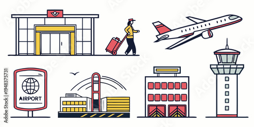airport icons including plane and terminal buildings Vector