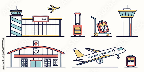 airport icons including plane and terminal buildings Vector