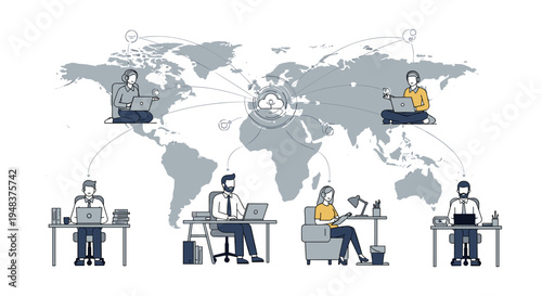 Six stylized individuals work on laptops across a grey world map, connected to a central cloud icon, symbolizing global remote work on a white background.