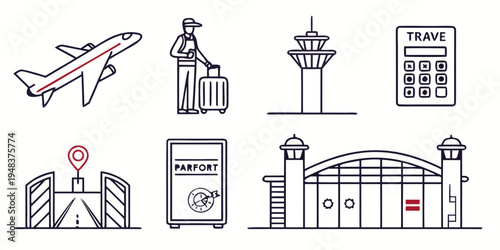 airport icons including plane and terminal Vector