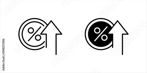 Outline icon set.. of percentage symbol inside coin with upward arrow, representing discount rate changes, price increase, financial adjustment, and market pricing concepts.