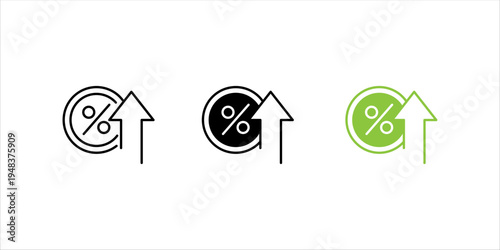Outline icon set.. of percentage symbol inside coin with upward arrow, representing discount rate changes, price increase, financial adjustment, and market pricing concepts.