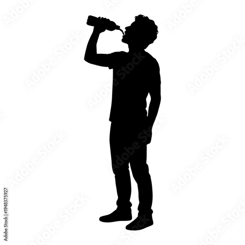 Black silhouette of a man drinking water from a bottle for hydration, health, and fitness, ideal for wellness and sports concepts.