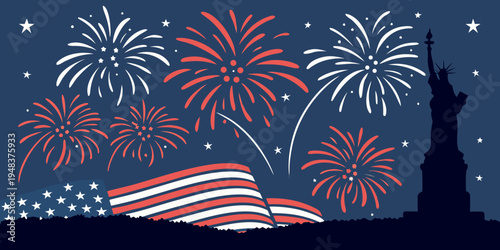 fireworks exploding behind the statue of liberty Vector