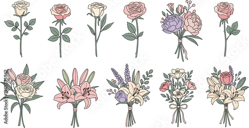 Vector set of hand drawn floral bouquets and roses with pastel pink lilies and lavender flowers for elegant wedding invitations and romantic botanical decorative design.