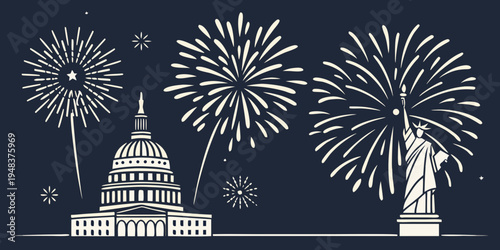 fireworks exploding over the us capitol and statue of liberty Vector