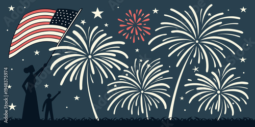fireworks exploding in the night sky with american flag Vector