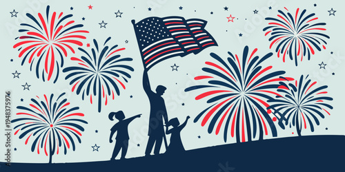family watching fireworks display on american flag day Vector