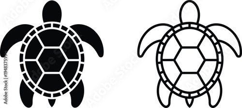 Sea turtle vector icon set with solid black silhouette and minimalist outline design for marine life branding and nature illustrations. (19 words)