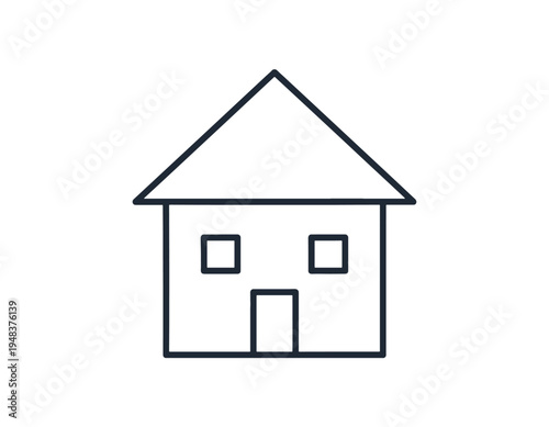 A simple, stylized line drawing icon representing a house, with a triangular roof, a door, and two windows, perfect for architectural or real estate themes
