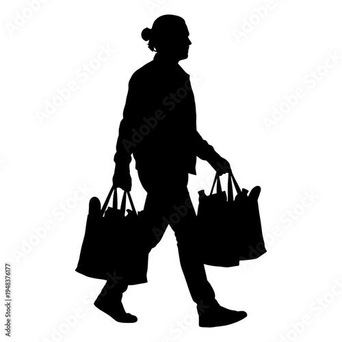 Silhouette of a person walking while carrying multiple shopping bags, representing retail therapy, consumerism, and daily grocery shopping errands.