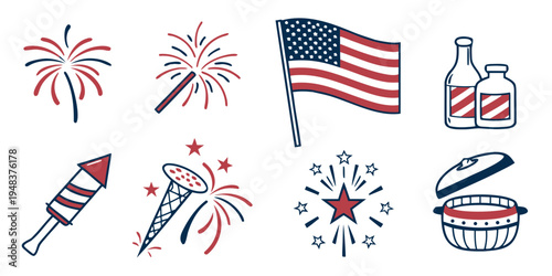 american independence day icons with fireworks and food Vector