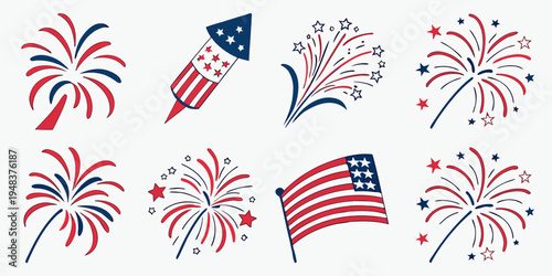 a collection of american 4th of july fireworks and flag icons Vector