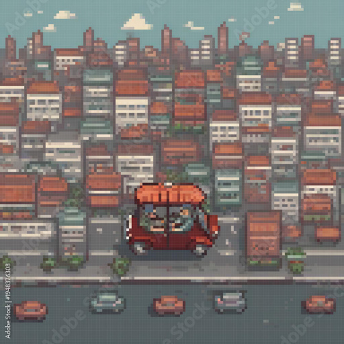 A pixel art image depicts a red car with two passengers, flying above a cityscape with tall buildings, cars, and traffic.