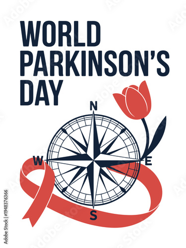World Parkinson's Day Compass, Tulip, and Red Ribbon Design for Direction and Awareness