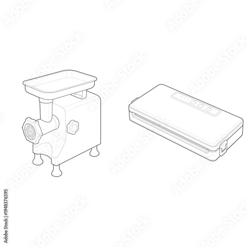 Isometric line illustration of meat grinder and vacuum sealer food processing kitchen appliances.