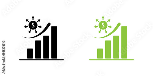 Minimal icon set. showing bar chart with upward trend and dollar symbol, representing financial growth, business success, investment performance, and economic progress.